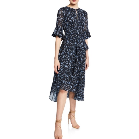 Shoshanna Dress Women 4 Midi Floral Stellato Asymmetrical Ruffled Sleeve B21 - Picture 1 of 15